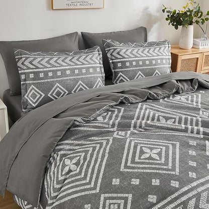 Yiran Boho Full Size Comforter Set, Grey Aztec Comforter Bedding Set, 7 Piece Bed in a Bag, Soft Microfiber Bohemian Striped Complete Bedding Set with Sheets for All Season