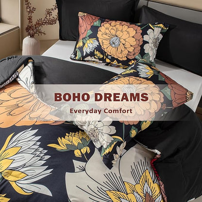 Black Boho Floral Twin Comforter Set - 2 Piece Farmhouse Botanical Bedding Comforter Sets for All Season Soft Lightweight Mid Century Bed Set, (1 Reversible Comforter and 1 Pillow Sham