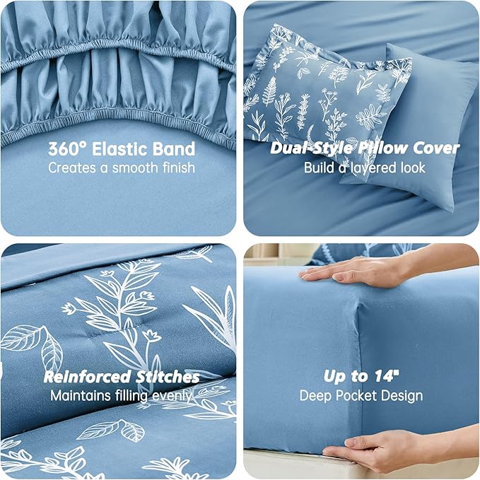 MUXHOMO Ice Blue Bed in a Bag Queen 7 Pieces, Queen Comforter Set Reversible Botanical Flowers Design, Ultra Soft & Breathable Bedding Sets with Comforter, Sheets, Pillowcases & Shams