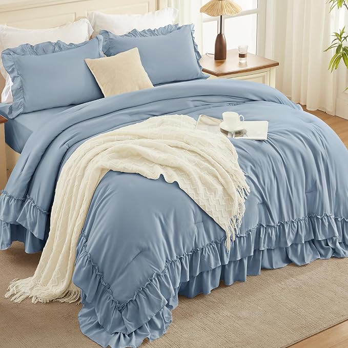 Andency Oversized King Ruffle Comforter Set, 3 Pieces Shabby Chic Farmhouse Bedding Set, Lightweight Soft Comforter Set 120x98 for Girls Women (1 Comforter 2 Pillowcases), Grayish Blue