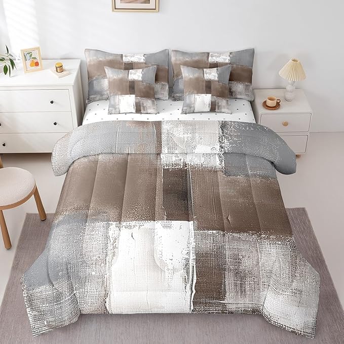 Erosebridal Brown White Grey Bed in a Bag 7 Pieces Graffiti Bedding Comforter Sets with Flat Sheet and Fitted Sheet, Watercolor Twin Bedding Sets with Pillowcases and Throw Pillow Covers