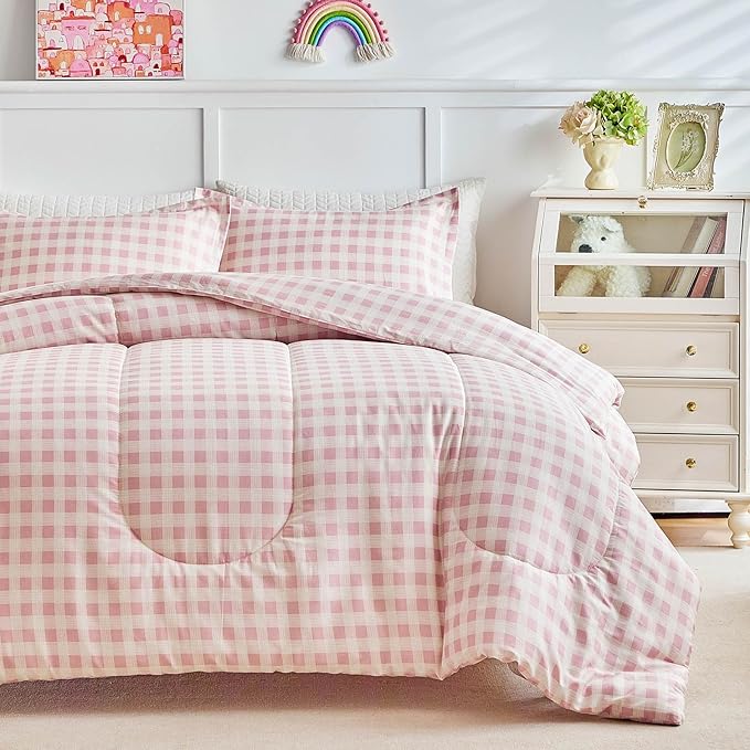 Joyreap 3pcs Cotton Comforter Set Queen, Pink Grid Gingham Check Design for Girls, Soft Cozy Lightweight Bedding Comforter Set for All Seasons- 88x88 inches