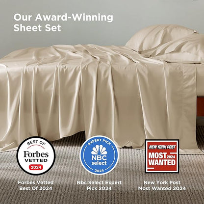 Bedsure California King Sheet Sets, Cooling Sheets for Hot Sleepers, Rayon Derived from Bamboo, Deep Pocket Up to 16 Inches, Breathable & Soft, Hotel Luxury Silky Bedding, Beige