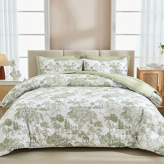 DJY Full Size Comforter Sets, Sage Green 7 Pieces Bed in a Bag Full Botanical Comforters with Sheets Elegant Plants Print Soft Microfiber Reversible Complete Bedding Sets for All Season