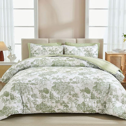 DJY California King Size Comforter Set,Sage Green Botanical Comforters with Sheets Elegant Plants Print Soft Microfiber Reversible Complete Bedding Sets for All Season