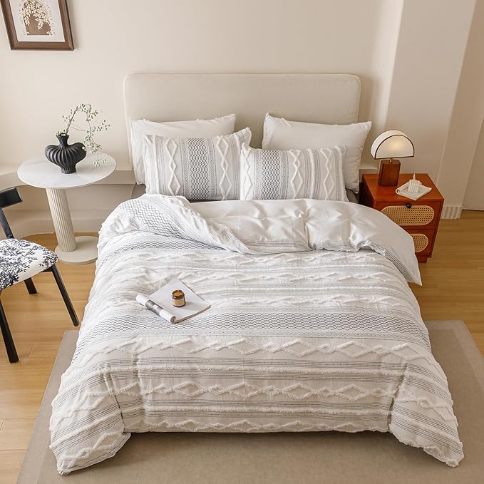 KAREVER Ivory Black Boho Comforter Set Full Mixed Textures Jacquard Bedding Set Durable Chic and Stylish Bedroom Set