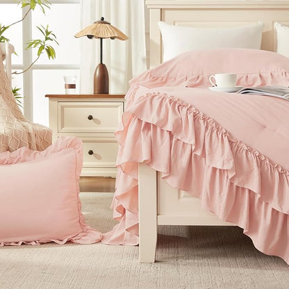 Andency Oversized Queen Ruffle Comforter Set, 3 Pieces Shabby Chic Farmhouse Bedding Set, Lightweight Soft Comforter Set 98x98 for Girls Women (1 Comforter 2 Pillowcases), Blush