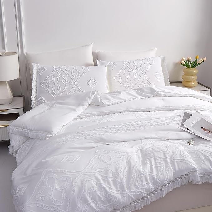Boho King Size Comforter Set White 3 Pieces Tufted Tassel King Comforter Set Prime Lightweight Down Comforter King Size White Farmhouse Boho Bedding Shabby Chic Fluffy Comforter Bed Set Gift Choice