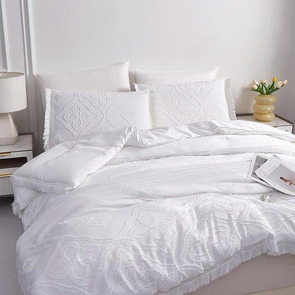 Boho King Size Comforter Set White 3 Pieces Tufted Tassel King Comforter Set Prime Lightweight Down Comforter King Size White Farmhouse Boho Bedding Shabby Chic Fluffy Comforter Bed Set Gift Choice