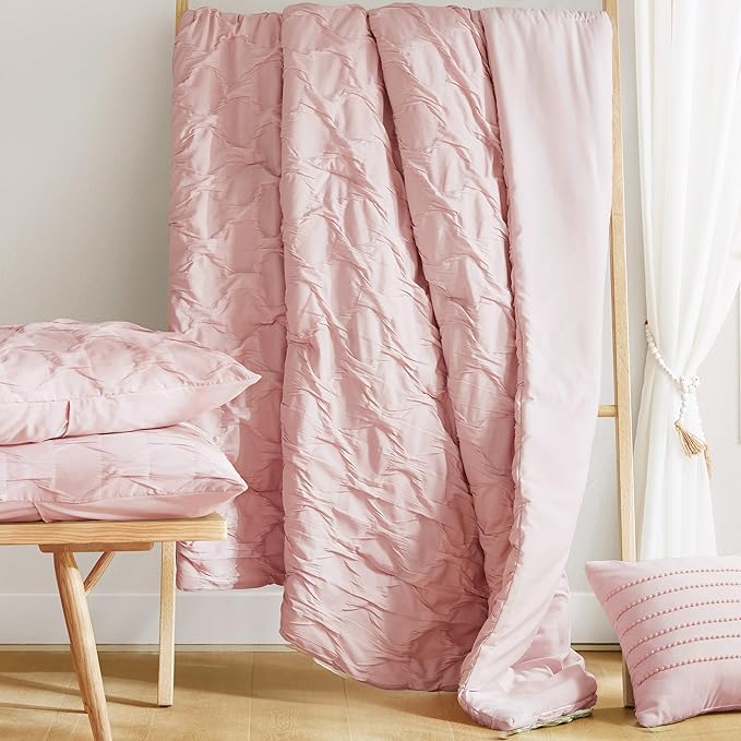 Comfort Spaces Twin/Twin XL Comforter Set for College Ogee Ruched Crinkle Texture Breathable Comforter Set Twin Dorm All Season Lightweight Bedding Set Shabby Chic Décor Pilow Pink 3 Piece