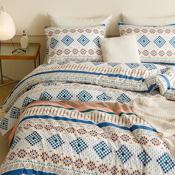 CLOTHKNOW Multicolor Geometric Boho Bedding Set Full 3Pcs Comforter Sets White Blue Aztec Navajo 80" x 90" Full Size