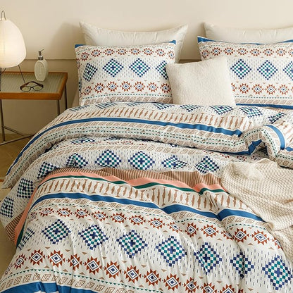 CLOTHKNOW Multicolor Geometric Boho Bedding Set Full 3Pcs Comforter Sets White Blue Aztec Navajo 80" x 90" Full Size