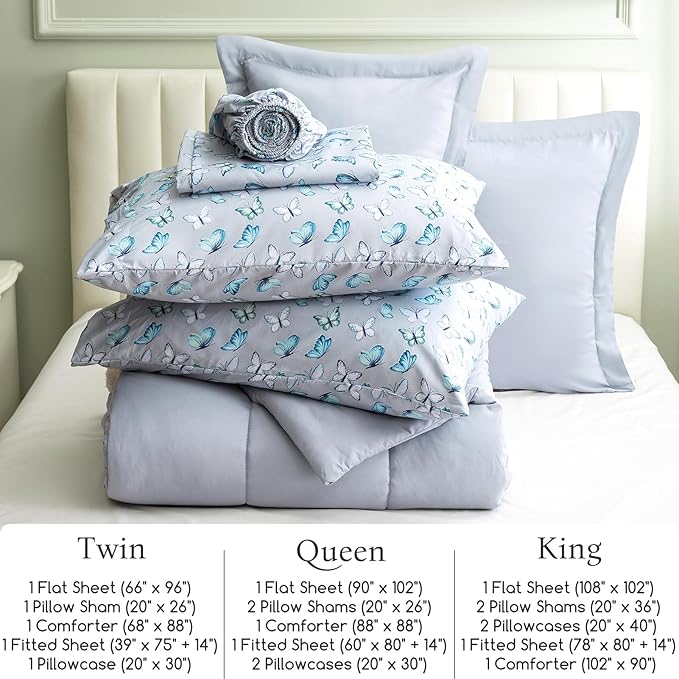 ARTALL King Bed in a Bag 7 Pieces, Light Gray Solid Comforter with Cute Colorful Butterfly Sheet Set, Soft Reversible Bedding Sets with Comforter, Sheets, Pillowcases & Shams for All Seasons