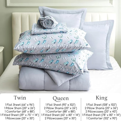 ARTALL King Bed in a Bag 7 Pieces, Light Gray Solid Comforter with Cute Colorful Butterfly Sheet Set, Soft Reversible Bedding Sets with Comforter, Sheets, Pillowcases & Shams for All Seasons