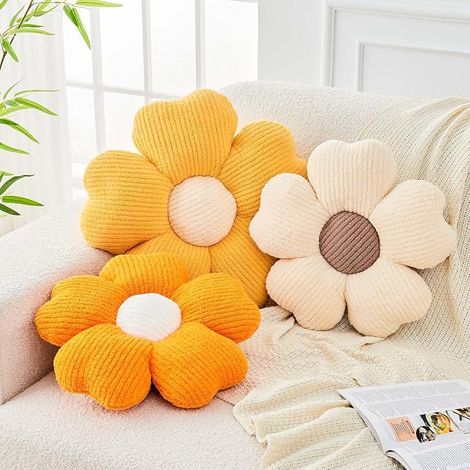 Flower Throw Pillow, Cute Flower Shaped Pillow Decorative Throw Pillow for Bed Couch, Soft Daisy Pillows Floor Seating Cushion Cushions (14.9 Inch Yellow)