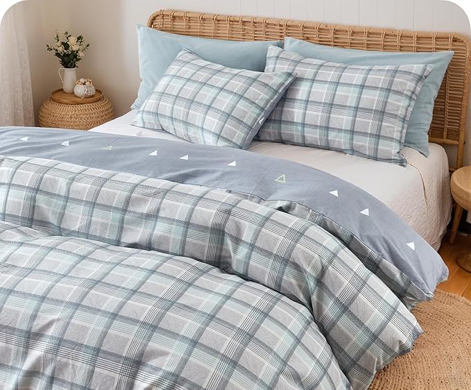 SLEEPBELLA Comforter Queen Size, 600 Thread Count Cotton Reversible Grey Buffalo Pattern Grey Plaid Comforter Sets,Down Alternative Bedding Set 3Pcs (Queen, Grey Plaid)