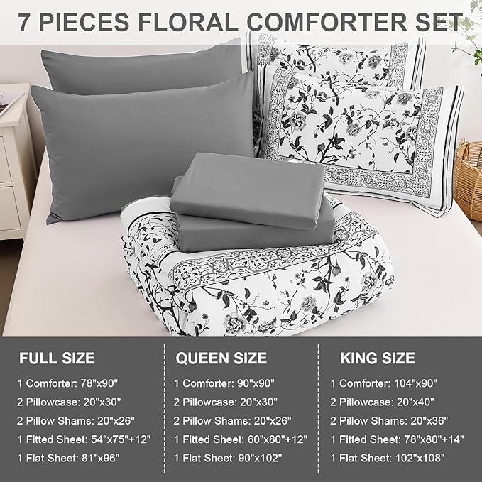 Dobuyly Floral King Size Comforter Set, Grey Flowers on White Botanical Bedding Set 7 Piece Bed in a Bag King, Soft Microfiber Bedding Comforter Sets with Sheets for All Season