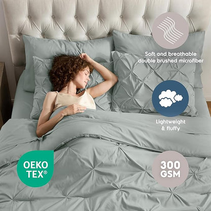 Nestl California King Comforter Set 7 Piece - Pintuck Cal King Comforter Set Sage Green, California King Bed in a Bag, All Season Bed Set with Flat Sheet and Fitted Sheet, Pillowcases and Shams
