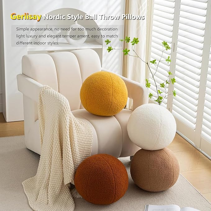 11.8 inch Ball Pillow Round Decorative Pillow Beige Sphere Shaped Throw Pillows Soft Nordic Style Boucle Pillows Cushion for Bed Couch Living Sofa Room Decor