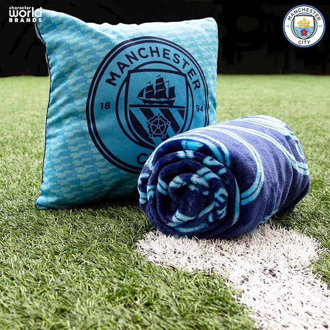 Character World Manchester City FC Official Blue Cushion, Super Soft Reversible 2 Sided, Soccer Club Crest Design, Perfect for Any Bedroom, Sofa or on The Bed 16 x 16 INCHES