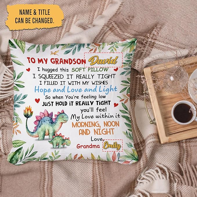 Hyturtle Personalized Grandson Pillow (Insert Included) Gifts from Grandma - Birthday Graduation for Grandson - Dinosaur Custom Name Sofa Couch Cushion Home Decor Pillow