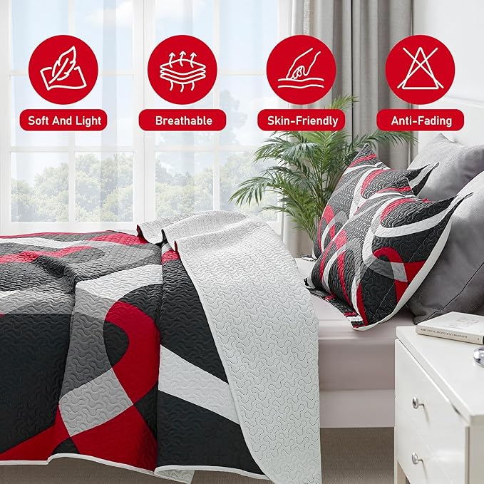 weesire Black and Red Bedding Quilt Queen Size with 2 Shams, Modern Stripe Comforter Sets Classic Line Pattern Bedspreads Grey and Red Coverlet, 90''x96''
