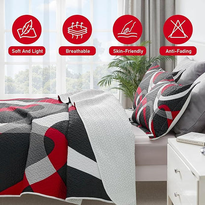 weesire Black and Red Bedding Quilt Queen Size with 2 Shams, Modern Stripe Comforter Sets Classic Line Pattern Bedspreads Grey and Red Coverlet, 90''x96''