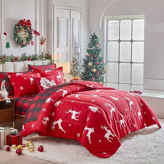 Christmas Bed in a Bag 7 Pcs Queen Size, White Deer Snowflake and Xmas Tree on Red Bedding Comforter Set Warm for Winter(1 Comforter, 1 Flat Sheet, 1 Fitted Sheet, 2 Pillow Shams, 2 Pillowcases)
