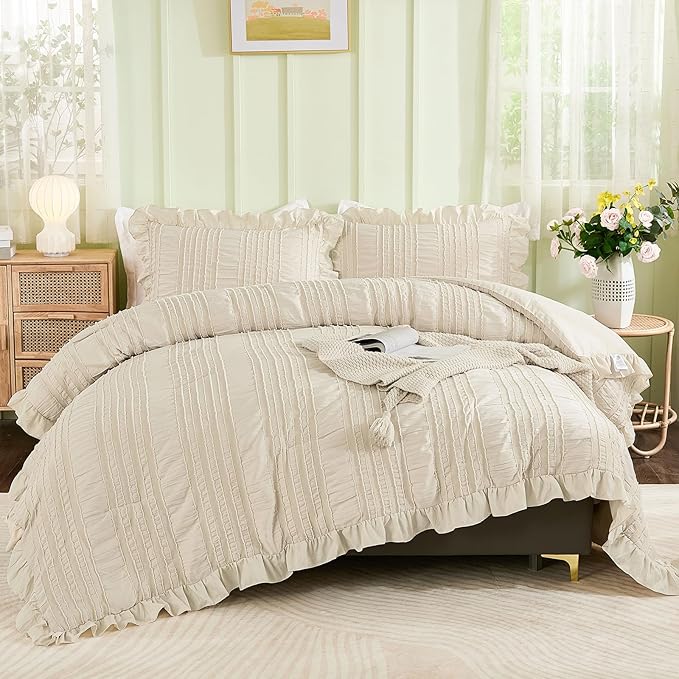 WONGS BEDDING Beige Textured Comforter Set King,3 Pieces Ruffle Farmhouse Shabby Chic Comforter for Queen Bed,Soft Seersucker Boho Bedding Set with 1 Ruffle Comforter,2 Tufted Pillowcases 104"×90"