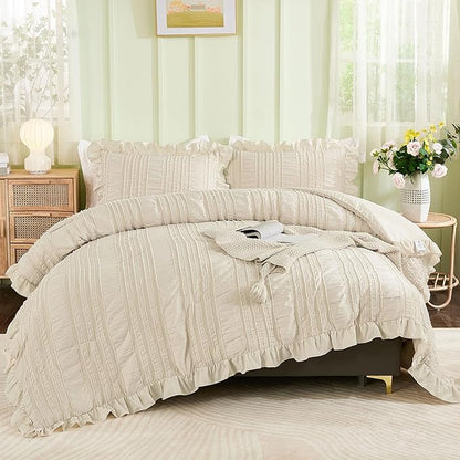 WONGS BEDDING Beige Textured Comforter Set King,3 Pieces Ruffle Farmhouse Shabby Chic Comforter for Queen Bed,Soft Seersucker Boho Bedding Set with 1 Ruffle Comforter,2 Tufted Pillowcases 104"×90"