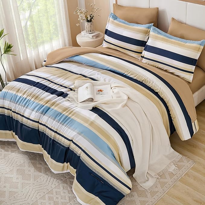 WONGS BEDDING King Size Comforter 7 Pieces, Khaki and Blue King Comforter Set with Sheets, Striped Bed in a Bag Boho Lightweight Bedding Set for All Seaon (104"x90")