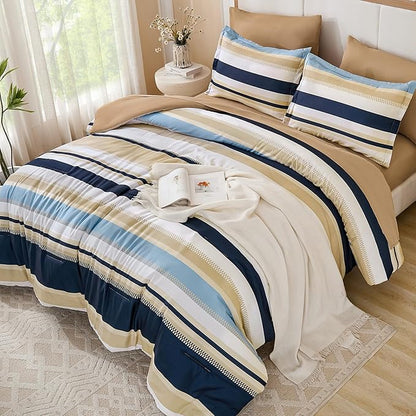WONGS BEDDING King Size Comforter 7 Pieces, Khaki and Blue King Comforter Set with Sheets, Striped Bed in a Bag Boho Lightweight Bedding Set for All Seaon (104"x90")
