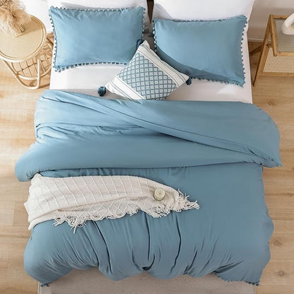 YIRDDEO Twin Comforter Set - Comforter Twin Size Bed with Ball Pom Fringe, Soft Bedding Set for All Seasons - 2 Pieces, 1 Comforter (66"x90") & 1 Pillow Sham(20"x26"), Dusty Blue