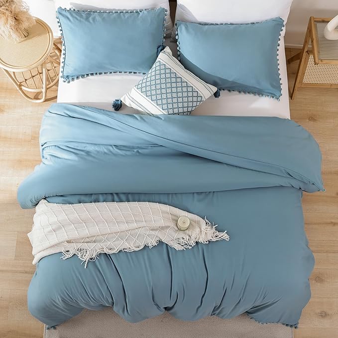 YIRDDEO Full Size Comforter Sets - Full Size Comforter with Ball Pom Fringe, Soft Bedding Set for All Seasons - 3 Pieces, 1 Comforter (79"x90") & 2 Pillow Shams(20"x26"), Dusty Blue