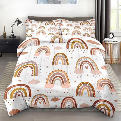 Comforter Set King Size, Boho Rainbow Pink Soft 3 Pcs Bedding for Kids and Adults, Love Colorful Nursery Comforter Set with 2 Pillowcases, for Bedroom Bed Decor
