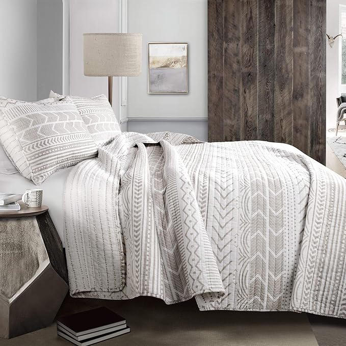Lush Decor Hygge Geo Pattern Striped 3 Piece Quilt Bedding Set, King, Taupe & White