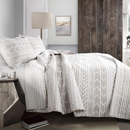 Lush Decor Hygge Geo Pattern Striped 3 Piece Quilt Bedding Set, King, Taupe & White