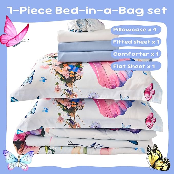 7 Piece Butterfly Comforter Set Full Size 3D Colorful Floral Butterflies Bedding Set for Kids Girls Women for Birthday