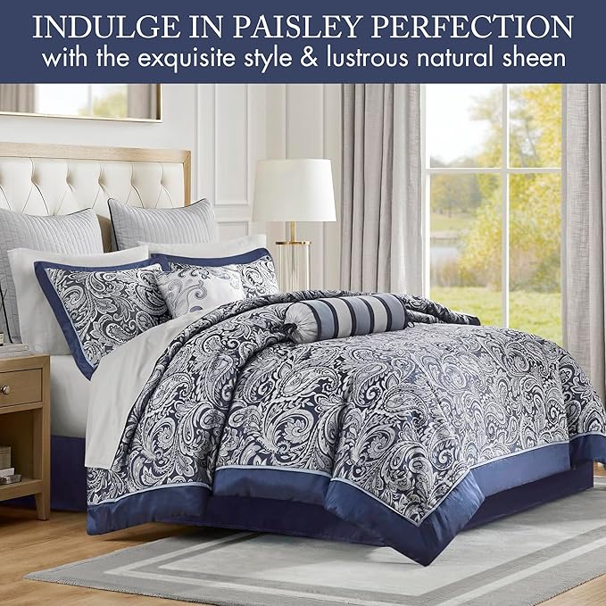 Madison Park Aubrey Cozy Comforter Set, Faux Silk Jacquard Paisley Design - All Season Down Alternative Bedding with Cotton Bed Sheets, Bed Skirt & Toss Pillows, King Navy 12 Piece