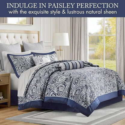 Madison Park Aubrey Cozy Comforter Set, Faux Silk Jacquard Paisley Design - All Season Down Alternative Bedding with Cotton Bed Sheets, Bed Skirt & Toss Pillows, King Navy 12 Piece