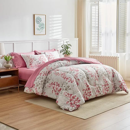Pink Floral Comforter Sheet Set Bed in a Bag 7 Pieces Queen Size Pink Gray Flower Leaves Bedding Set (1 Comforter 2 Pillow Shams 1 Flat Sheet 1 Fitted Sheet 2 Pillowcases)