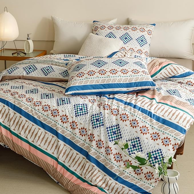 CLOTHKNOW Aztec Boho King Size Comforter Set Southwest Bedding Comforter Sets White Blue Comforter American Tribal Navajo Comforter with 2 x Pillowcases