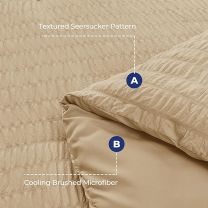 HYMOKEGE Khaki Queen Comforter Set Seersucker 7 Pieces, All Season Luxury Bed in a Bag Queen for Bedroom, Bedding Set with Comforter, Sheets, Pillowcases & Shams