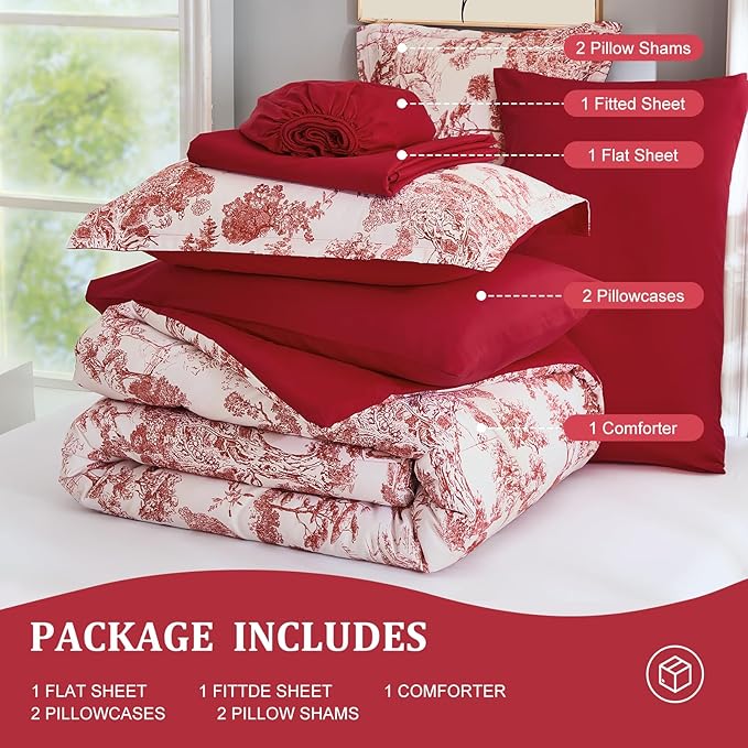 DJY King Size Comforter Set, Red 7 Pieces Bed in a Bag King Botanical Comforters with Sheets Elegant Plants Print Christmas Soft Microfiber Reversible Complete Bedding Sets for All Season