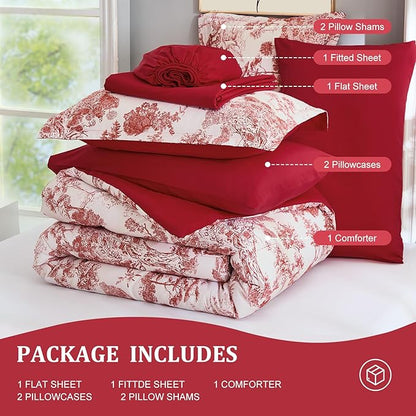 DJY Queen Size Comforter Sets, Red 7 Pieces Bed in a Bag Queen Botanical Comforters with Sheets Elegant Plants Print Christmas Soft Microfiber Reversible Complete Bedding Sets for All Season