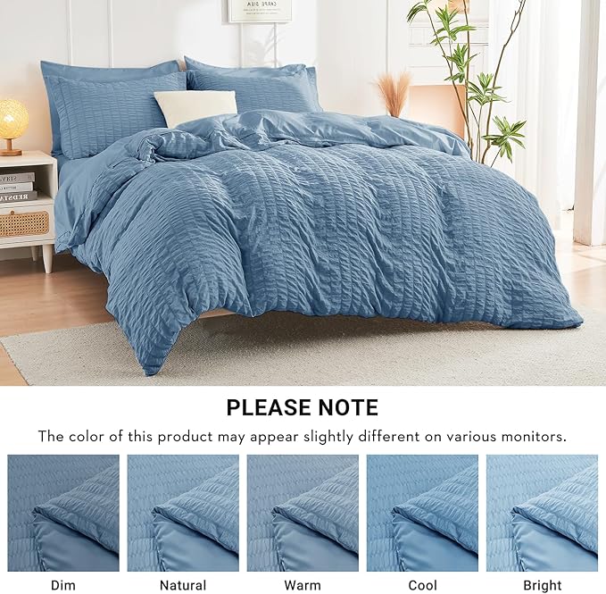 HYMOKEGE Mineral Blue Queen Comforter Set Seersucker 7 Pieces, All Season Luxury Bed in a Bag Queen for Bedroom, Bedding Set with Comforter, Sheets, Pillowcases & Shams