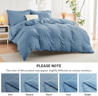 HYMOKEGE Mineral Blue Full Size Comforter Sets Seersucker 7 Pieces, All Season Luxury Bed in a Bag for Bedroom, Bedding Set with Comforter, Sheets, Pillowcases & Shams