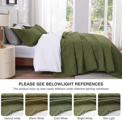 Love's cabin Twin Quilt Bedding Set Olive Green Bedspreads - Soft Bed Summer Lightweight Bedspread Comforter - Wave Pattern Bedding Coverlet for All Season - 2 Pieces (1 Quilt, 1 Pillow Sham)