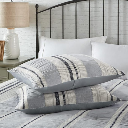 Hyde Lane Modern Farmhouse Comforter Set – King Size, 3-Piece Indigo Blue Striped Cotton Comforter with Matching Pillow Shams, Luxuriously Soft All-Season Bedding