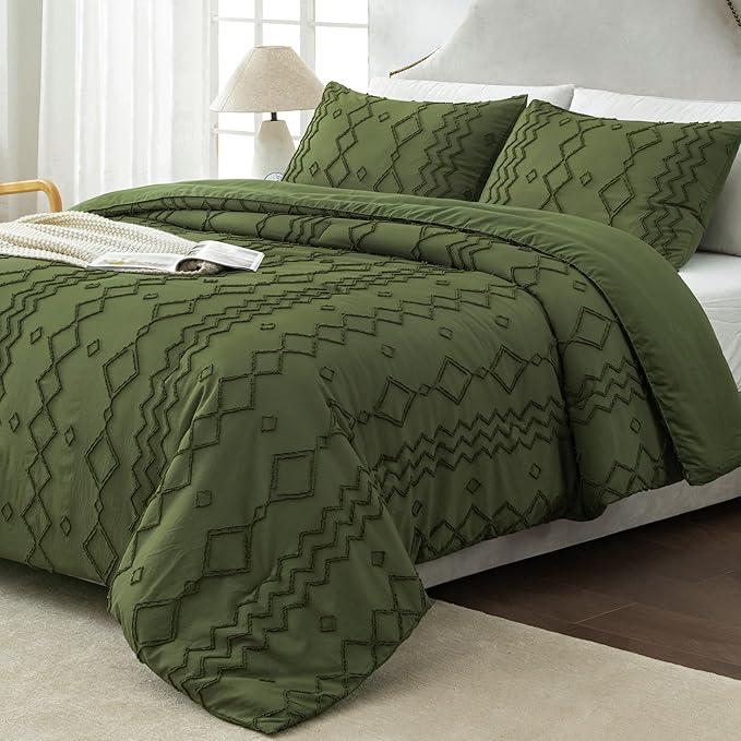 Andency Olive Green Tufted Comforter Set Queen(90x90Inch), 3 Pieces(1 Boho Comforter, 2 Pillowcases) Textured Farmhouse Bed, Soft Microfiber Down Alternative Geometric Bedding Set